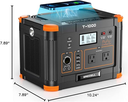 Portable Power Station 1000W (Peak 2000W), GRECELL 999Wh Solar Generator with 60W USB-C PD Output, 110V Pure Sine Wave AC Outlet Backup Lithium Battery for Outdoors Camping Travel Hunting Home