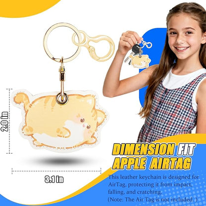 Leather Keychain for Airtag, Cute Protective Keychain Holder Compatible with Apple Air Tag,GPS Item Tracker Case Cover for Keys,Bags,Pets,Luggage(Cat)