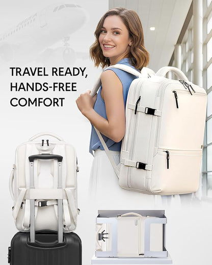 Dinictis Vacuum Seal Travel Backpack 60L Built-in Pump, Expandable Backpack with Vacuum Compression Fits 17 inch Laptop, Water Resistant Carry On Suitcase Luggage for Short Trip and Business-Beige