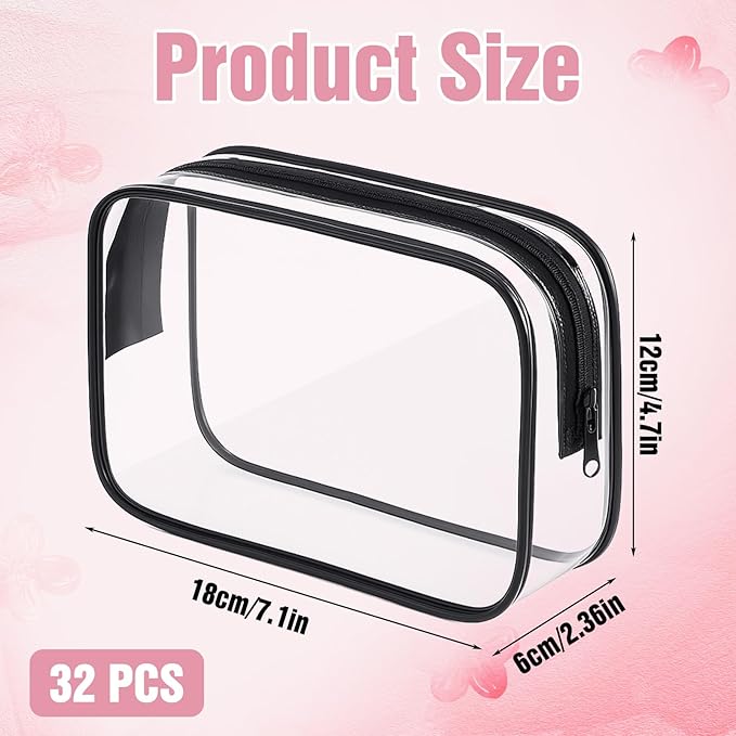 32 Pieces Clear Makeup Bags Bulk Travel Toiletry Bags Transparent Cosmetic Pouches with Zipper Waterproof Portable PVC Plastic Zippered Organizer Cases for Women Men Vacation Travel Bathroom