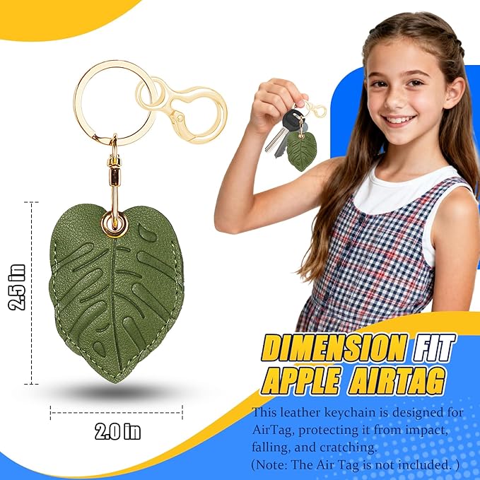 Leather Keychain for Airtag, Cute Protective Keychain Holder Compatible with Apple Air Tag,GPS Item Tracker Case Cover for Keys,Bags,Pets,Luggage(Leaf)