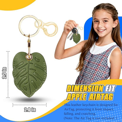 Leather Keychain for Airtag, Cute Protective Keychain Holder Compatible with Apple Air Tag,GPS Item Tracker Case Cover for Keys,Bags,Pets,Luggage(Leaf)