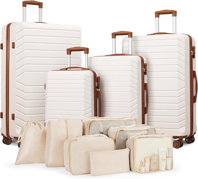 11 Piece Travel Luggage Sets for Women, 20/24/28/32 Inch 4 Piece Hardshell Suitcase Set, 20inch Carry on Luggage with Wheels, 24inch 28inch 32inch Checked Luggage with 7PC Packing Bags