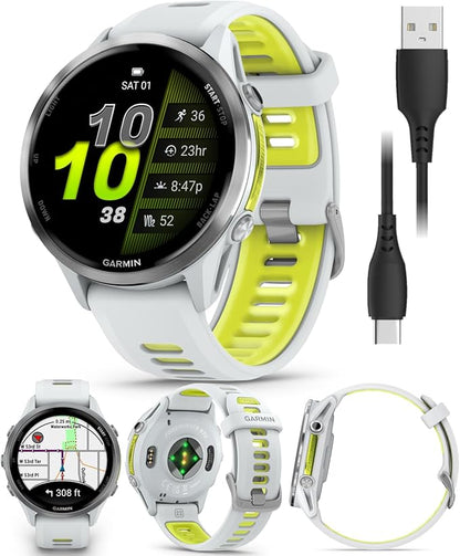 Wearable4U Garmin Forerunner 970 Titanium Smartwatch with Whitestone Case and Whitestone/Translucent Amp Yellow Band, AMOLED Display Power Bank Bundle