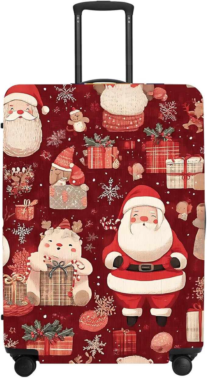 Allover Christmas Luggage Cover - Red Background with Santa, Gifts and Snowmen Pattern, Dense Holiday Design for 18 20 22 Inch Travel Bag