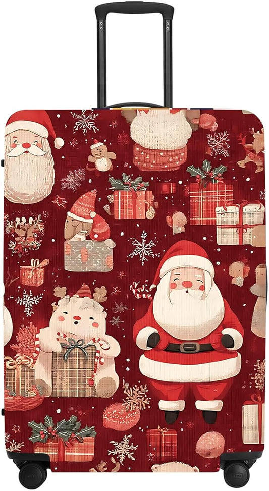 Allover Christmas Luggage Cover - Red Background with Santa, Gifts and Snowmen Pattern, Dense Holiday Design for 18 20 22 Inch Travel Bag