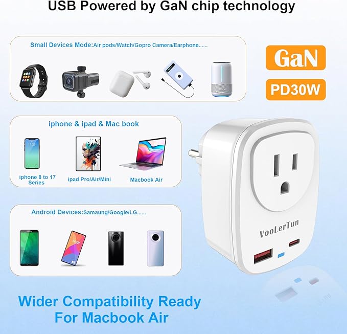 Type E/F Plug Adapter, VooLerTun France Germany Travel Adapter with 30W Fast Charge Power Adapter Dual Ports Compatible Cell Phone Camera, 1 American Outlet Adapter, US Converter European Travel