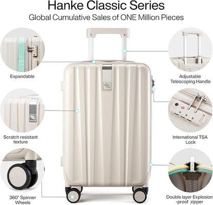 Hanke 20 Inch Expandable Carry on Luggage 22x14x9 Airline Approved Lightweight PC Hard Shell Suitcases with Wheels Travel Luggage Rolling Suitcase Travel Luggage Bag for Weekender(Ivory White)