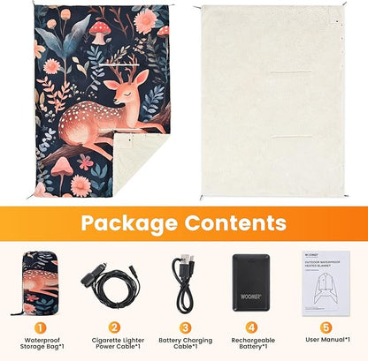 WOOMER Wearable Heated Blanket Battery Operated 50x70 Inches, 15000mAh Cordless Rechargeable Electric Throw Blanket with 3 Heat Settings, Waterproof Portable Heating Blanket for Outdoor Camping Travel