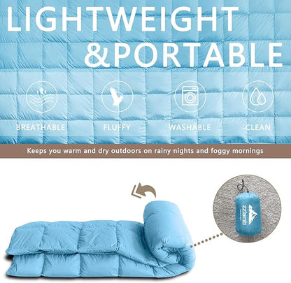 zzlamb Puffy Down Camping Blanket Water-Repellent, Down Throw Travel Blanket Portable for Outdoor, Light Warm Quilt for Couch Plane Car Theater Stadium Picnic RV Backpacking Hammock