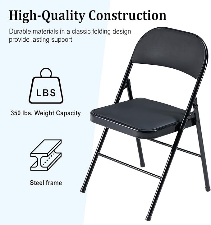 4 Pack Black Folding Chairs with Padded Cushion and Back, Portable Heavy Duty Metal Frame Commercial Seat with 330-LBS Capacity, Foldable Indoor Outdoor Chairs for Office Party Events Kitchen Dinning