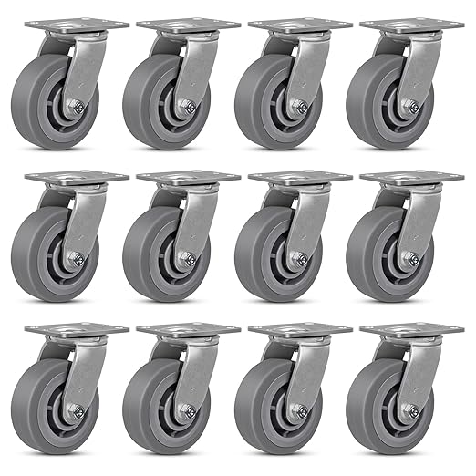 5 Inch Rubber Wheels (Flat Tread)- Heavy Duty Casters, Industrial Caster Wheels- with up to 800 LB Capacity- Use for Dollies, Utility and Maintenance Carts(12 Swivel)