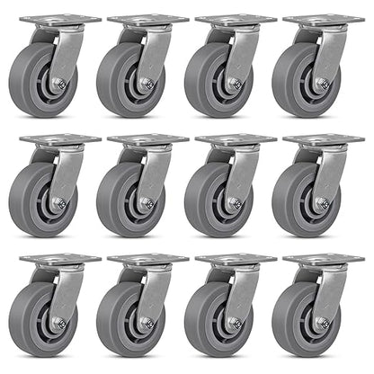 5 Inch Rubber Wheels (Flat Tread)- Heavy Duty Casters, Industrial Caster Wheels- with up to 800 LB Capacity- Use for Dollies, Utility and Maintenance Carts(12 Swivel)