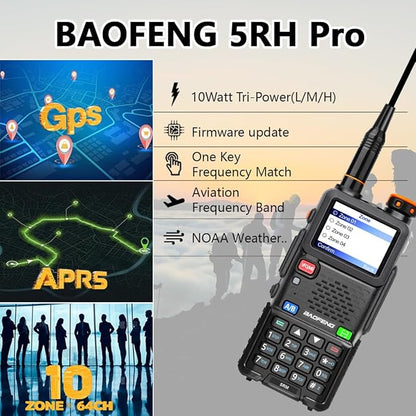 BAOFENG BF-5RH PRO GPS 10Ｗ Ham Handheld Radio, Multi-Band Long Range Two-Way Radio with 18.89'' Tactical Antenna, Aviation/VHF/UHF/ 1.25m Scanner, NOAA APRS 5RM Walkie Talkies Type-C Charging,2 Pack