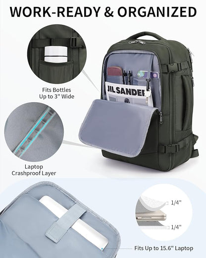 ECOHUB 17" Small Unisex Travel Backpack United Airlines Approved 17x10x9 Friendly Suitcase Anti-Theft Lockable Zippers Style Personal Item Bag Travel Essentials with 12 Pockets Water Resistant, Green