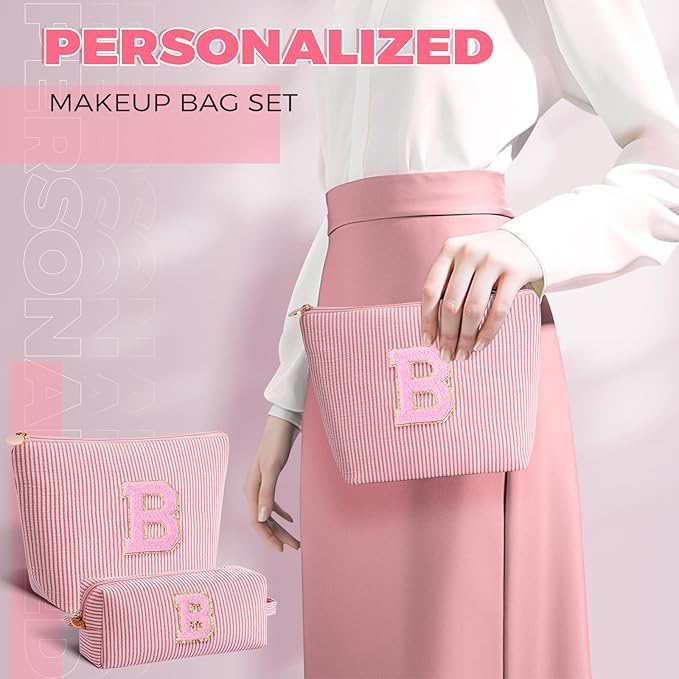 Bridesmaid Gifts Wedding Day - Bridal Shower Gifts,Maid of Honor Gifts,Initials Makeup Bag Set Cosmetic Bag - Peach,B