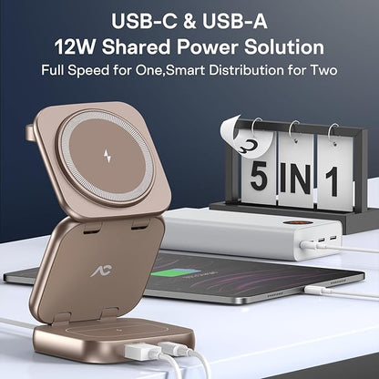 5-in-1 Wireless Charger for MagSafe, AC ISLAND Portable Travel Charging Station, 35W Max Fast Foldable Magnetic Stand, Evolved for iPhone 17-12 & Air Series, Apple Watch, AirPods (with 35W Adapter)