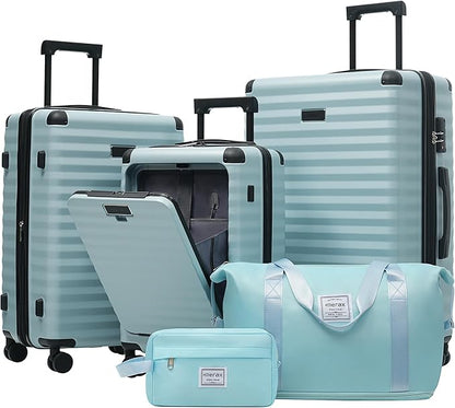Merax Luggage Sets 5 Piece,Front Open Hardshell Expandable Suitcase with Spinner Wheels and Duffel Bags,Lightweight Carry on Luggage with USB Port and Cup Holder,20/24/28IN,Light Blue