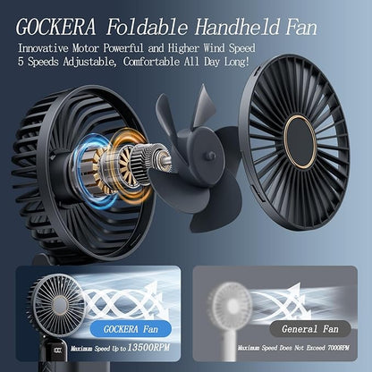 Portable Fan, 4200mAh Battery Operated Fan, 5 Speeds&Digital Display, Makeup Fans for Women with Base, 180°Foldable 3in1 Handheld/Neck/Desk Fan for Outdoor Indoor,Ultra Quiet (Black)