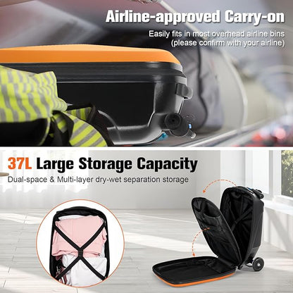Scooter Luggage For Kids & Adults， Hardside Ride On Suitcase For Kids Ages 4-15 Multifunctional Lightweight Foldable Carry On Luggage With Wheels Ride On For Children Teenagers（Orange）