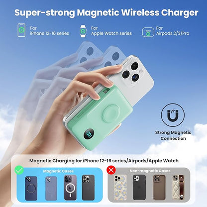 6 in 1 Magnetic Portable Charger for iPhone with Built-in Cables, 10800mAh 25W PD Fast Charging Power Bank, 6 Outputs Travel Essential Battery Pack for iPhone 17/16/15/14/13/12,Apple Watch (Green)