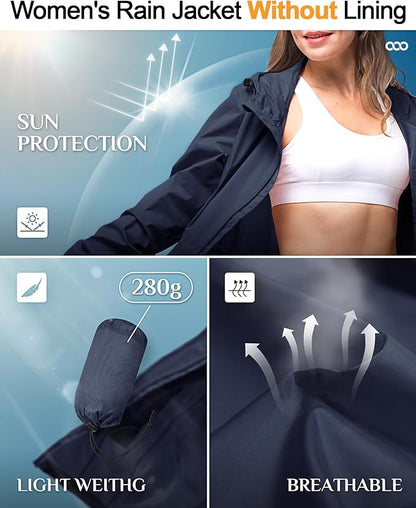 33,000ft Women's Waterproof Long Rain Coats Packable Rain Jacket with Hood Trench Coats Windbreaker