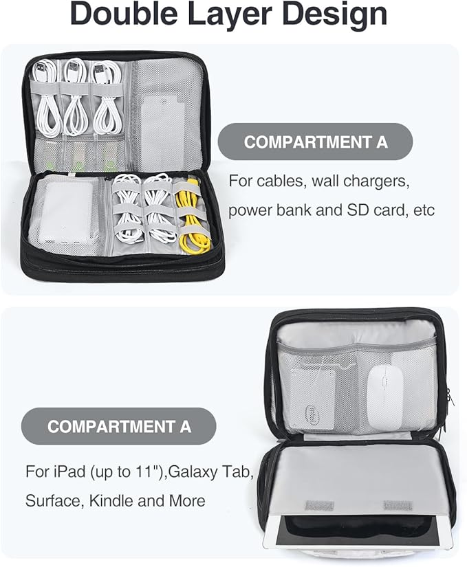 Luxtude Travel Cord Organizer Case, Electronic Organizer Travel Case Large, Portable Cable Organizers Bag, Flat Tech Bag for Cable Storage/Cord Storage/iPad Pro(up to 11")/Wall Charger/Electronics