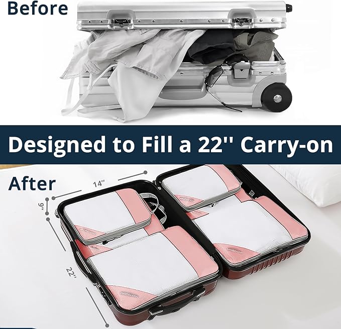 Compression Packing Cubes 6 Set, Compressible Space-Saving Packing Cubes for Travel - Compression Bags, Luggage Organizer, Travel Essentials for Women, Pink