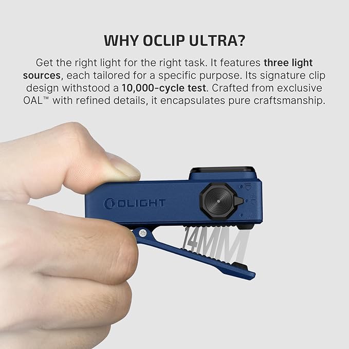 OLIGHT Oclip Ultra EDC Flashlight Clip-on Light, 530 Lumens Rechargeable with Type-C Charging, Combines Floodlight, Spotlight and UV, Triple Magnetic Lights for Inspection and Work (Navy Blue)