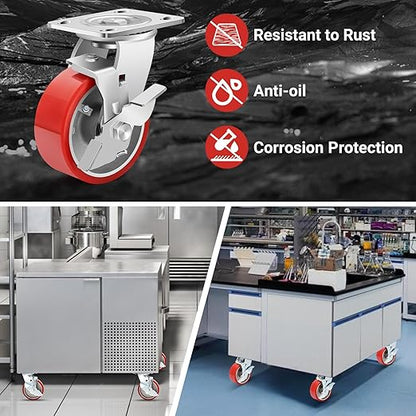 Nefish 5 Inch Industrial Grade Casters Wheels, Heavy Duty Aluminum Core PU Castor Set of 4, Durable Plate Swivel Casters with Brake 4000 LBS, Anti-Corrosion Wheels for Industrial, Equipment