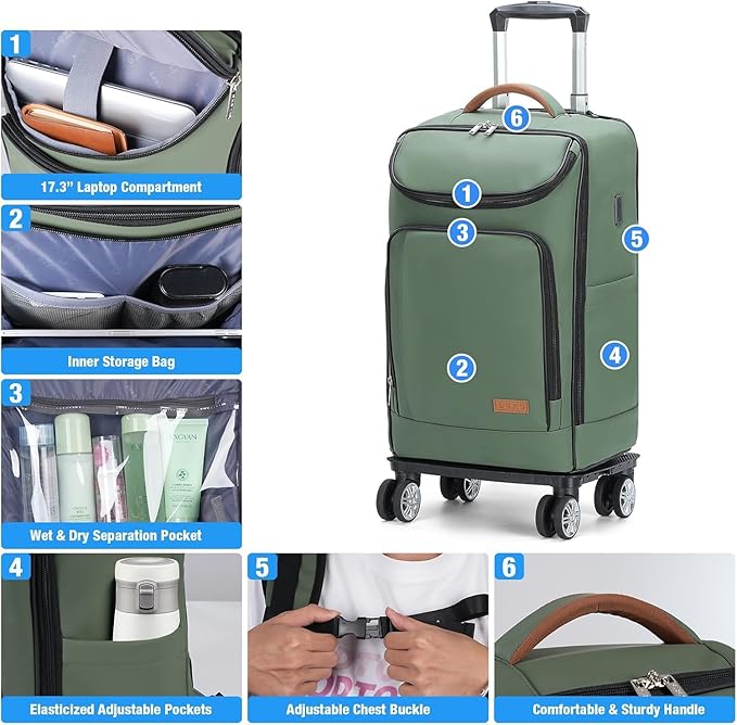 Lekebobor Travel Rolling Backpack, 18 inch Waterproof Bag with 360° Wheels for 15.6" Laptop, Convertible Airline Approved Travel Back Pack for Men & Women, Business, Commuter