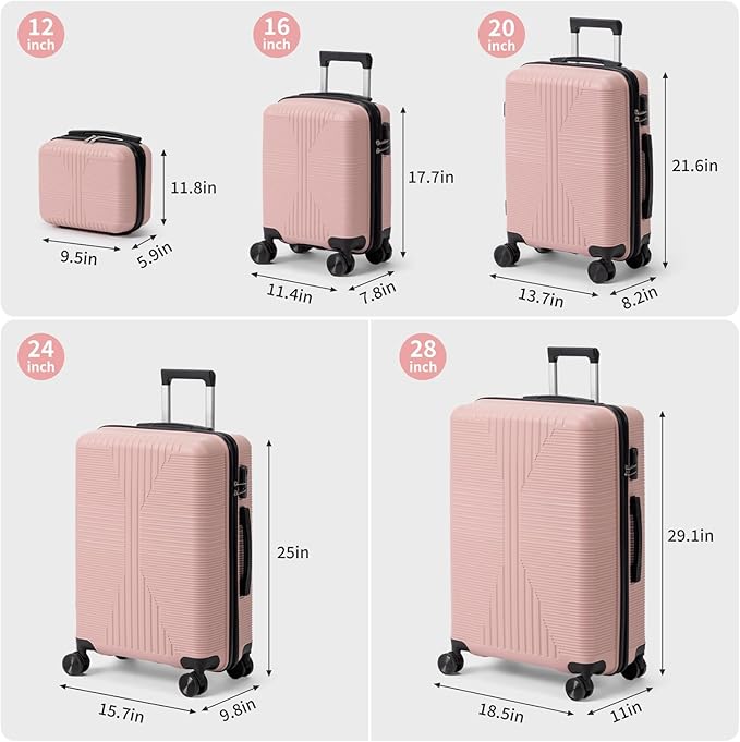 Karl home Luggage Sets 5 Piece, PP Hard Case Suitcase Set with Built-in Lock Spinner Wheels, Lightweight Durable Carry on Luggage for Business Travel - Rose Gold (12/16/20/24/28")