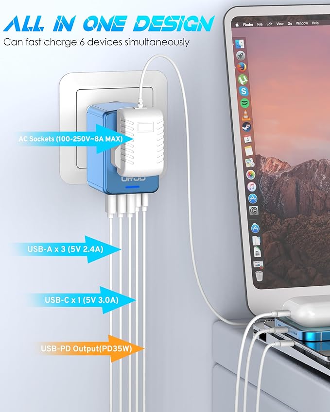 35W PD Universal Travel Adapter with 5 USB Ports and 2500W AC Outlets, PD Fast Charging International Plug Converter Travel Charger Multi Plugs All in One for EU US UK AUS 200+ Countries