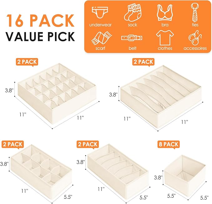 Criusia Drawer Organizer Clothes, 16 Pack Dresser Organizer Bins for Baby Clothes, Underwear Sock, Fabric Closet Organization and Storage Dividers for Nursery Bedroom (96 Compartments, Beige)