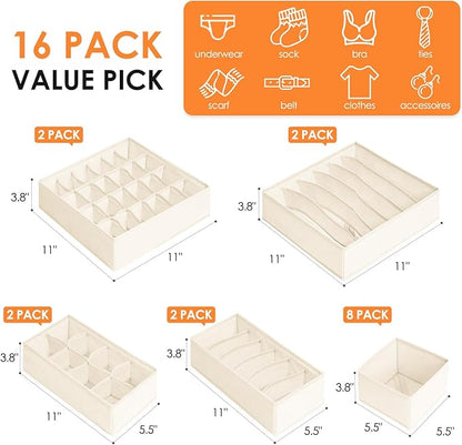 Criusia Drawer Organizer Clothes, 16 Pack Dresser Organizer Bins for Baby Clothes, Underwear Sock, Fabric Closet Organization and Storage Dividers for Nursery Bedroom (96 Compartments, Beige)