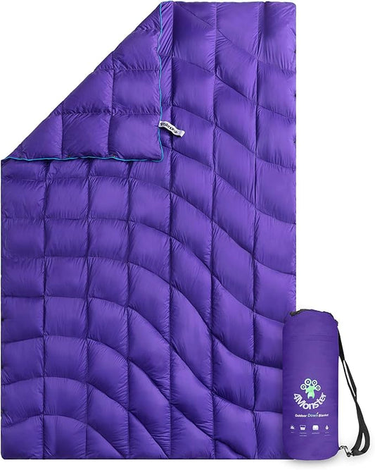 4Monster Down Camping Blanket - Outdoor Travel Quilt Puffy 650 Fill, Packable, Lightweight,Wind & Waterproof | Ideal for Stadium, Backpacking,Picnics, Beach and Hiking