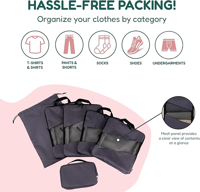 Compression Packing Cubes for Travel – 6-Pack Expandable Luggage Organizer Bags | Lightweight Storage Solution for Suitcase, Backpack & Carry-On | Travel Accessories for Men & Women (Grey & Black)