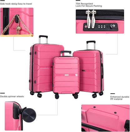 Travelhouse Luggage Sets, Hardside Suitcases 24in/28in, Carry on 20in,3 Piece Set Travel Luggages Clearance with Double Spinner Wheels TSA Lock Lightweight (Pink)
