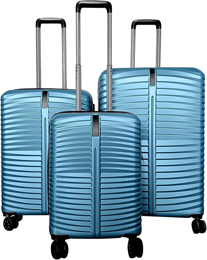 GYMAX Luggage Sets 3 Pieces Hardside Suitcase with Spinner Wheels & Lock, 20” Carry On, 24” & 28” Checked Luggage Set, Lightweight Portable for Travel, Business (Blue,Pin Stripe)