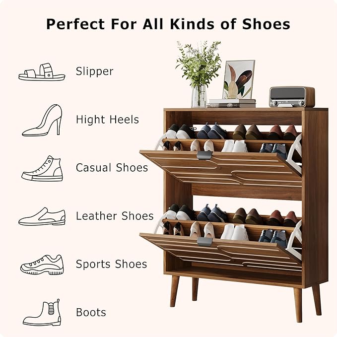 Spaco Walnut Shoe Cabinet Storage for Entryway,Narrow Shoe Organizer Cabinet with 2 Flip Drawers,Slim Shoe Rack with Solid Wood Leg for Hallway,Closet