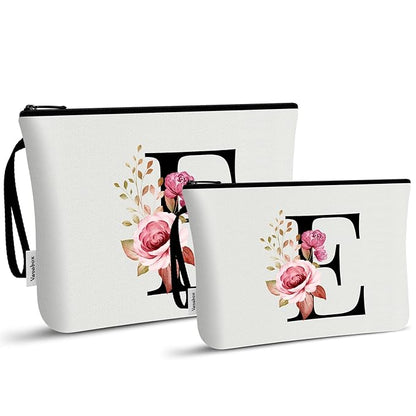 Vavabox A-Z Personalized Makeup Bag, Birthday Gifts for Women Mom, Gifts for Best Friend, Bride Bridesmaid Cosmetic bag (E, 03-White Set)