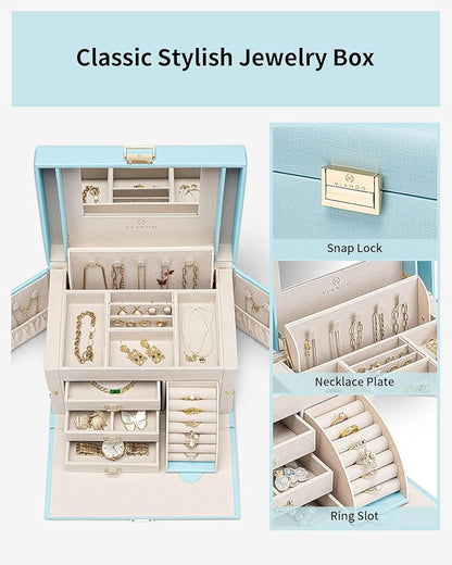 Vlando Jewelry Box Organizer for Girls Women, Large Baroque Jewelry Holder Organizer with Mirror, 3 Drawers for Bracelets, Earrings, Rings, Necklaces, Mothers Day Gifts for Loved One, Blue