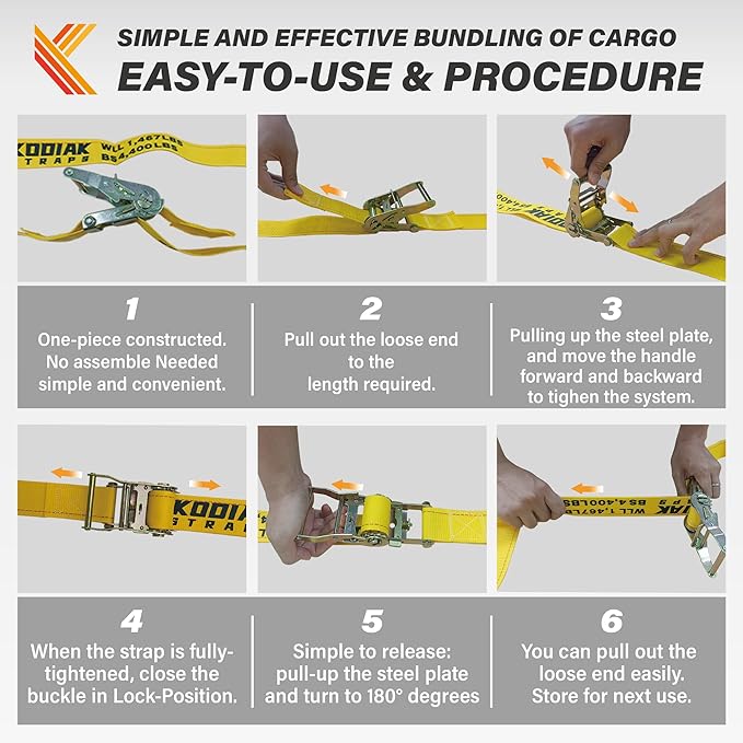 8 Pack E-Track Ratchet Straps 2" x 12' x 4,400 lbs Strength for Cargo Tie Down in Enclosed Trailer & Van by KODIAK STRAPS