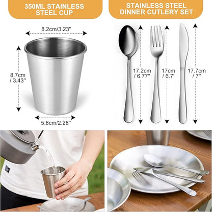 Odoland Stainless Steel Camping Mess Kit for Family & Person, Cooking Tableware Utensils with Plates Bowls Forks Spoons Knives & Savings Bag for Camping, Backpacking, Hiking, Picnic