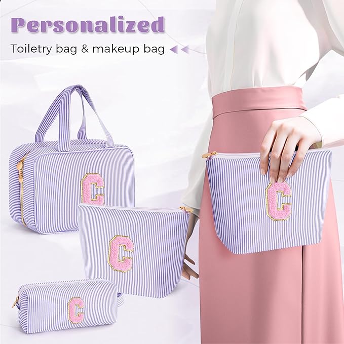 Cute Cosmetic Bag for Girls Women - Personalized Initial Makeup Pouch for Girlfriend Bridesmaid Wife | Travel Toiletry Bag for Her Mom | Birthday Preppy Stuff - Lavender C