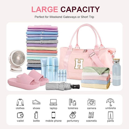 Dance Gym Duffel Bag for Teen Girls, Personalized Initial Travel Weekender Bag,Cute Overnight Carry On Duffle for Women,Sports Travel Cheer Bag,Monogram Christmas Gifts for Tween Preppy(pink-H)