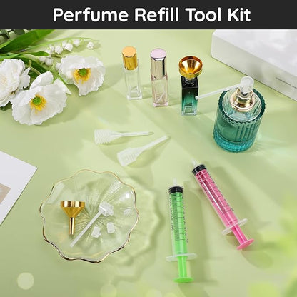 Segbeauty 8pcs 0.34oz Perfume Decanter Refill Tool Kit for Travel Spray Bottle, 10ml Plastic Pink Green Perfume Dispenser Transfer Tool Set with Funnel Pump Disenser, Cologne Making Kit for Men Women