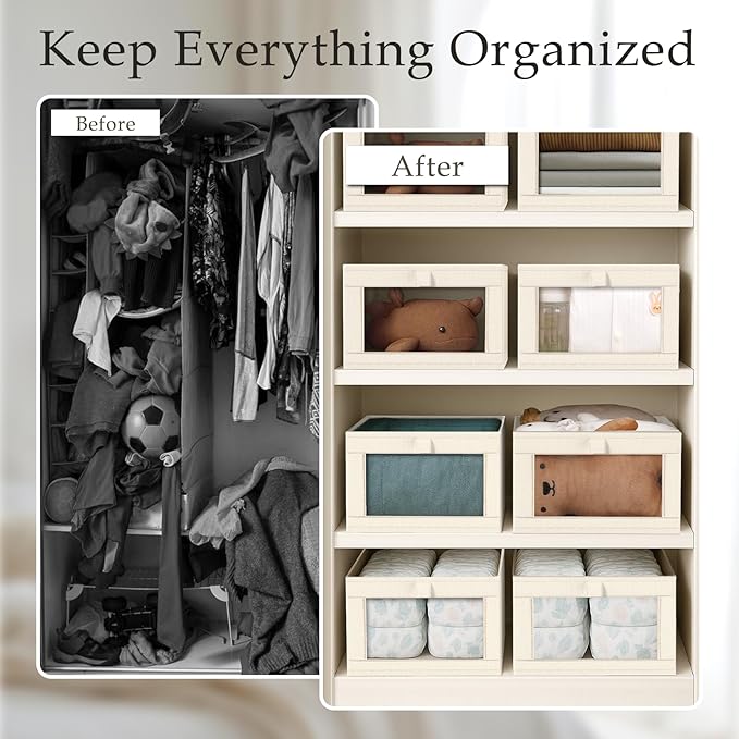 Criusia Closet Organizers and Storage, 4 Pack Linen Closet Baskets with Mesh Window for Organization, Foldable Closet Organizer for Clothing, Towels, Toys, Nursery, Books, Shelves, Beige