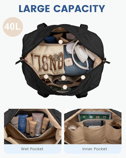 LOVEVOOK Travel Duffle Bag, Lightweight Weekender Bags for Women with Shoe Compartment, 40L Puffer Gym Bag Personal Item Travel Bag, Overnight Bags and Hospital Bag for Labor and Delivery, Black