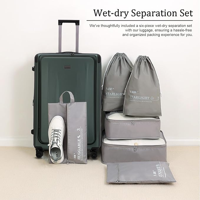 Premium Carry On Luggage, 20Inch+29 Inch Top Opening Airline Approved ABS+PC Hard Shell Suitcases with Silent Wheels, TSA Lock,Front Pocket and Wet-dry Separated Six-piece Set
